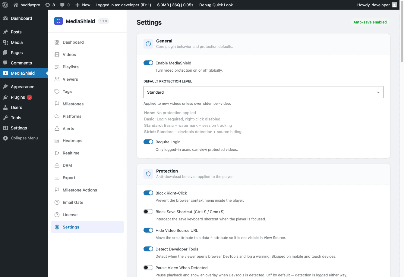 The MediaShield plugin Settings page showing General, Protection, Watermark, and Player Controls sections