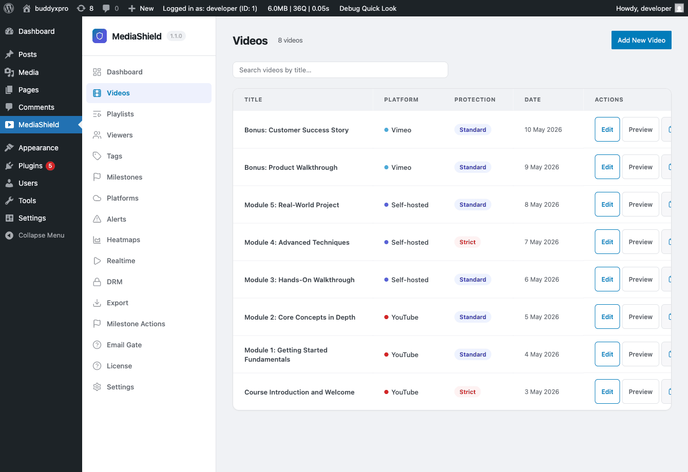 MediaShield Videos admin list showing videos across YouTube, Vimeo, and self-hosted with Standard and Strict protection badges