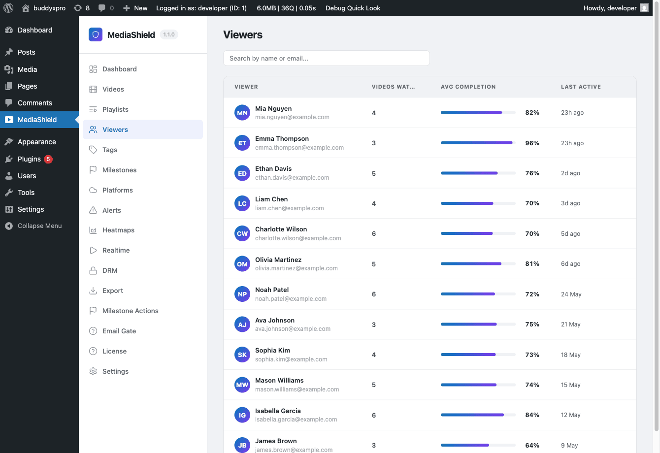 MediaShield Viewers page listing students with completion progress bars and last-active timestamps