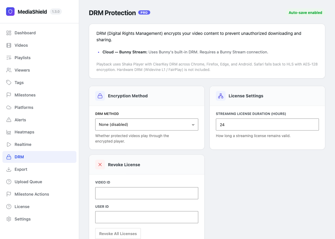MediaShield Pro DRM settings page showing DRM method selection and license duration options