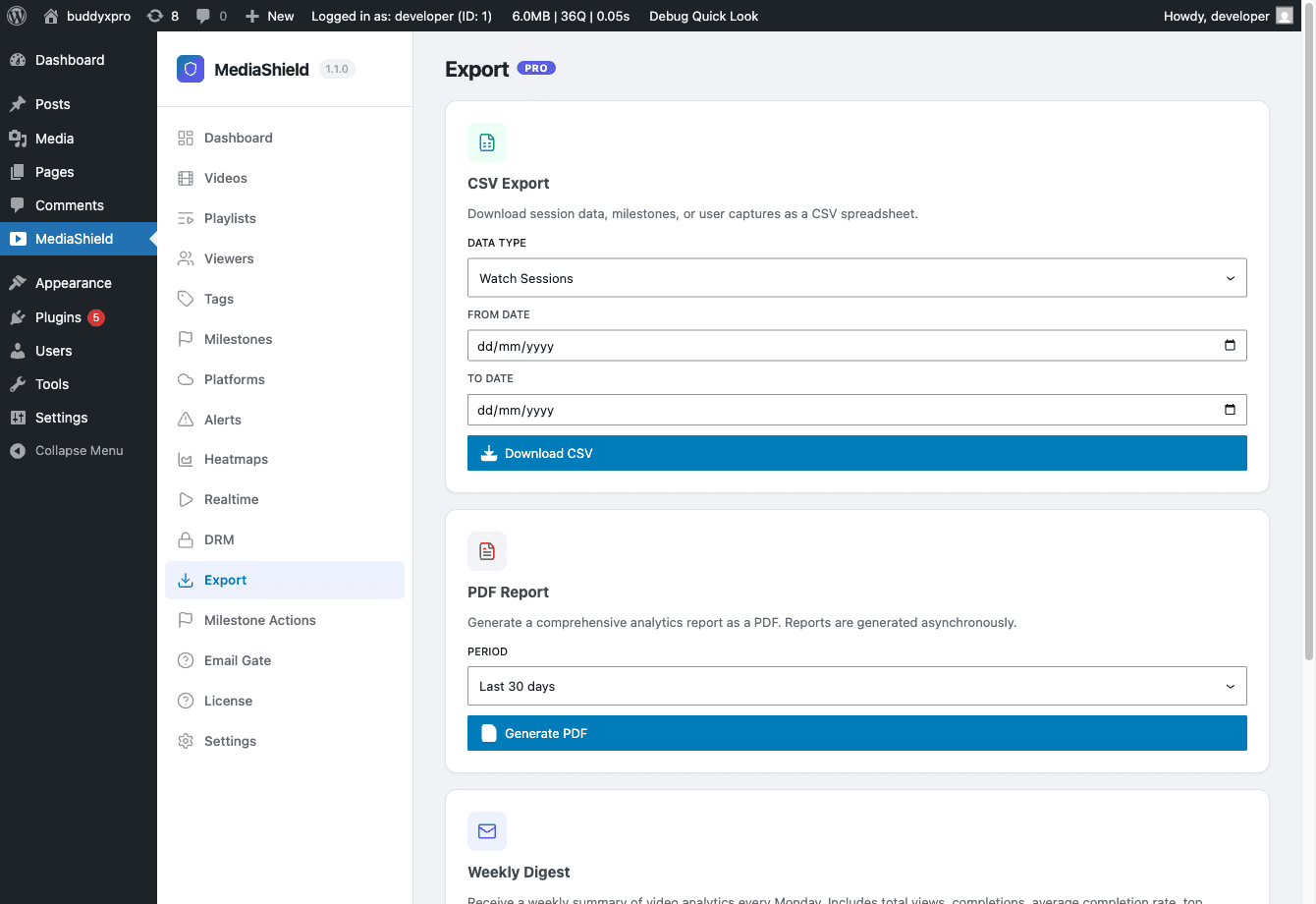 MediaShield Pro Export page showing CSV export type selector with date range fields and a Generate PDF Report button