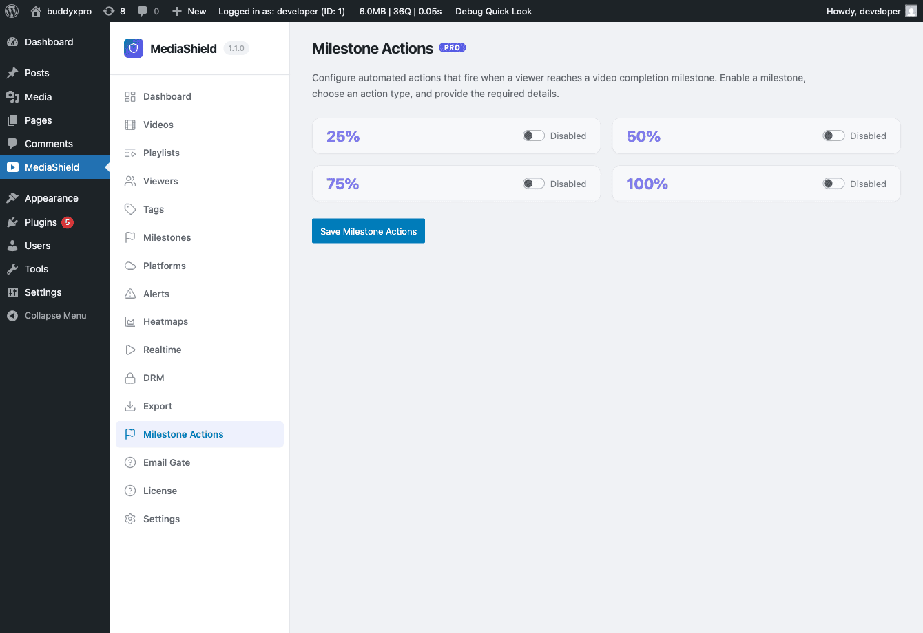 MediaShield Pro Milestone Actions configuration page showing action rows with milestone percentage, action type, and target fields